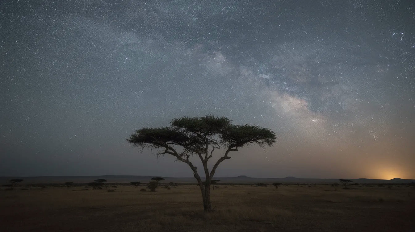 The image depicts the Milky Way arching majestically over a silhouetted acacia tree on a dark African savanna, creating a serene and breathtaking night sky scene. This stunning view is perfect for those planning a safari travel adventure, highlighting the beauty of remote locations in southern Africa.