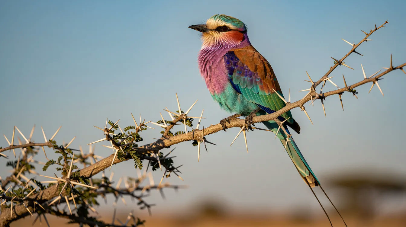A vibrant lilac-breasted roller sits gracefully on a thorny acacia branch, set against a clear blue sky typical of southern Africa. This stunning wildlife sighting captures the essence of a safari experience, perfect for those looking to explore remote locations and enjoy offline maps for navigation during their journey.