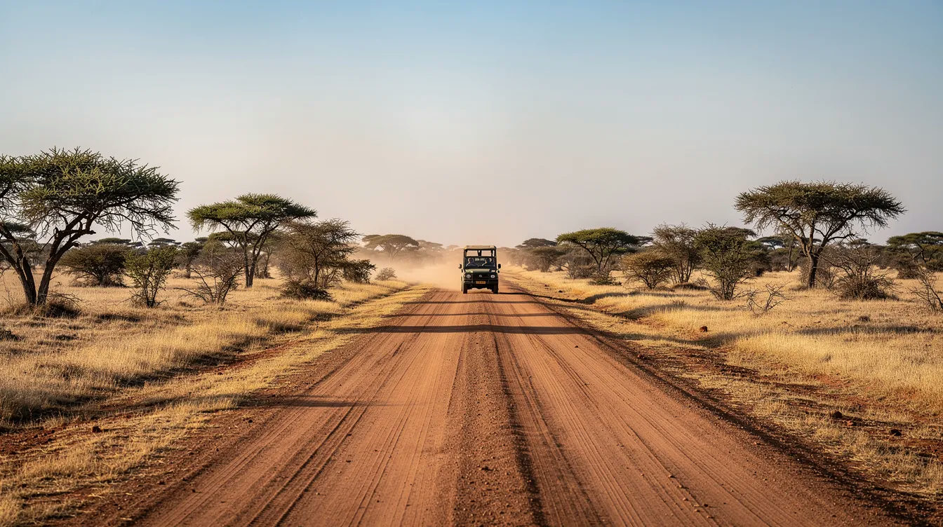The image depicts a long straight dirt road traversing the dry African bushveld, with a game vehicle visible in the distance, suggesting a self-drive safari adventure in remote areas of southern Africa. This scene captures the essence of wildlife spotting amidst the vast, open landscape, ideal for travelers seeking offline access to detailed maps and essential apps for their journey.