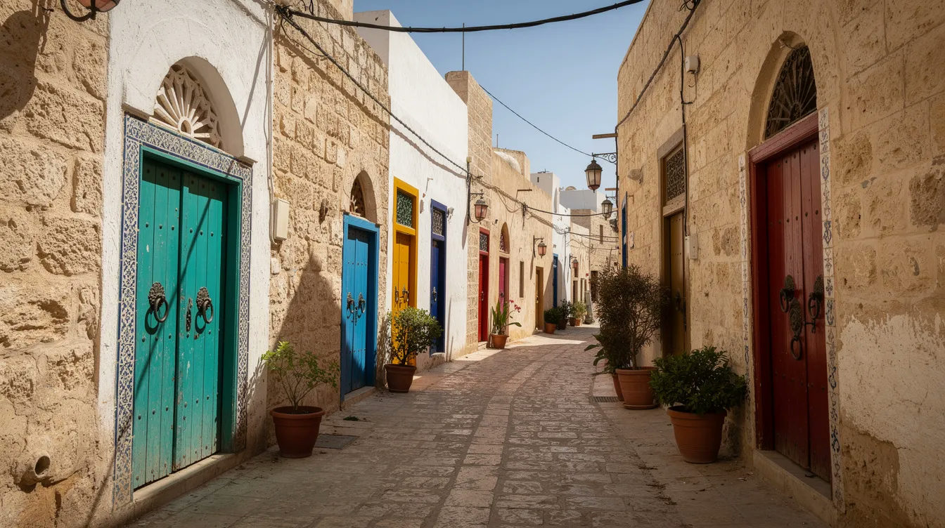 Wąska uliczka w tunezyjskiej medynie, otoczona kamiennymi ścianami, z kolorowymi drzwiami, które nadają jej urokliwy charakter. Warto odwiedzić Tunisię, aby poczuć atmosferę tego miejsca, pamiętając jednocześnie o zaleceniach dotyczących bezpieczeństwa.