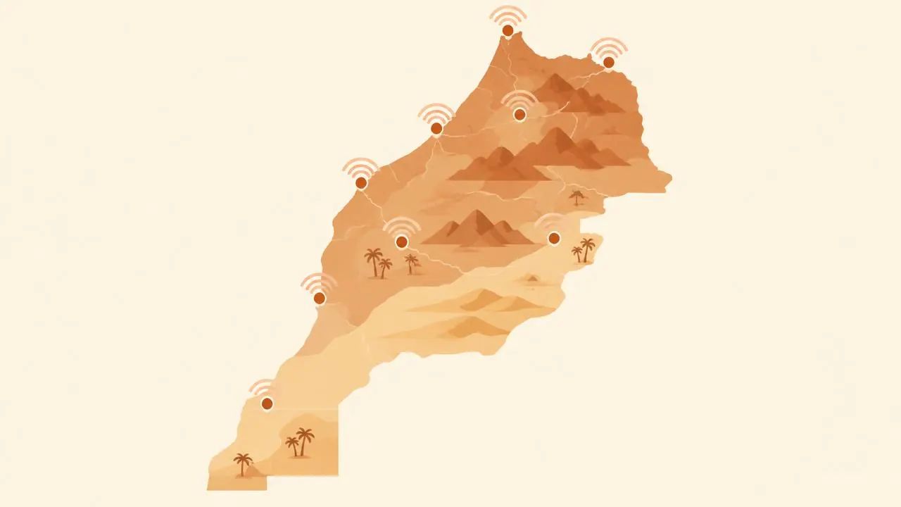 Illustrated map of Morocco showing Casablanca, Rabat, Fes, Marrakech and the Sahara