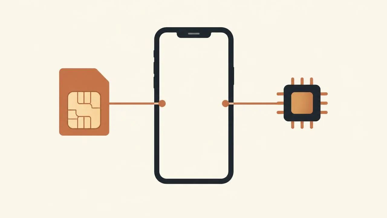 Illustration of a phone using a home SIM for calls and a travel eSIM for data
