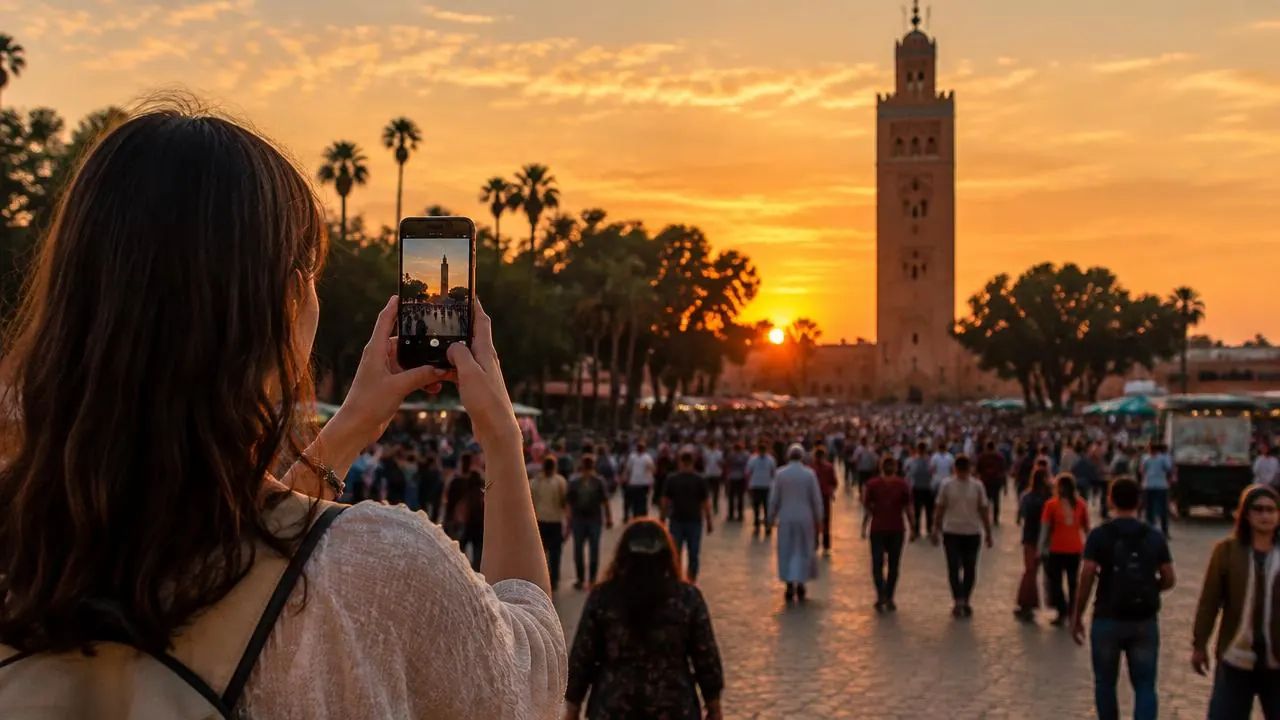 Traveler holding a phone with a map app over the Marrakech medina and Koutoubia Mosque at sunset