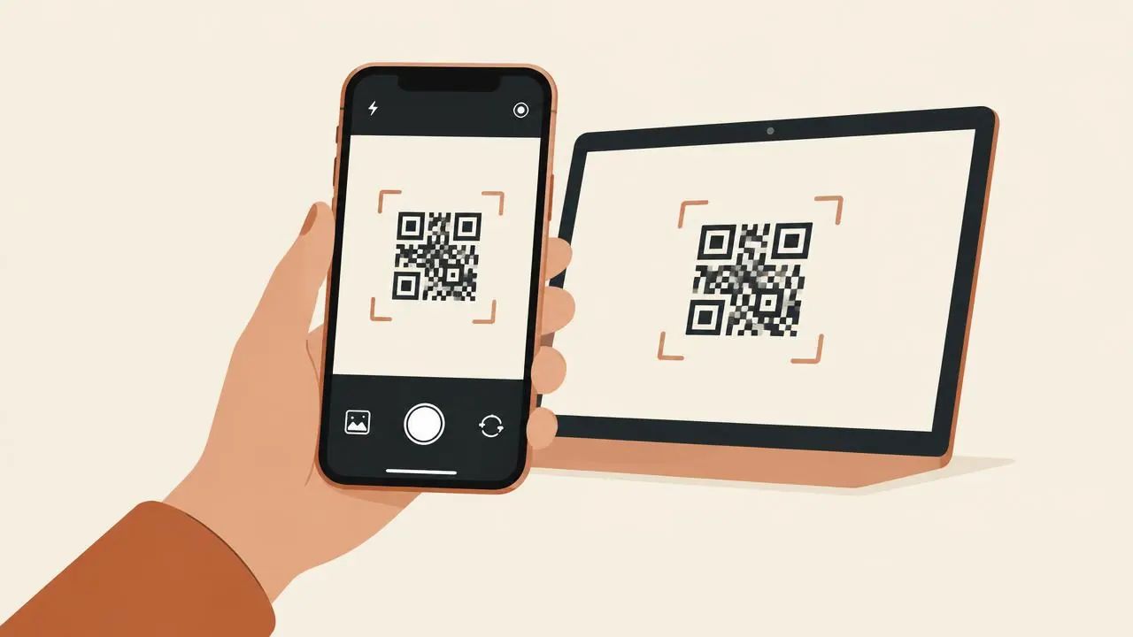 iPhone camera scanning an eSIM QR code on a Moroccan cafe table